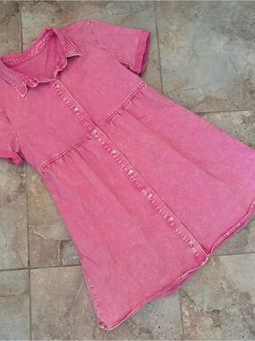 Button Up Pink Denim Tiered Dress Medium Babydoll Collared Distressed Barbie 90s